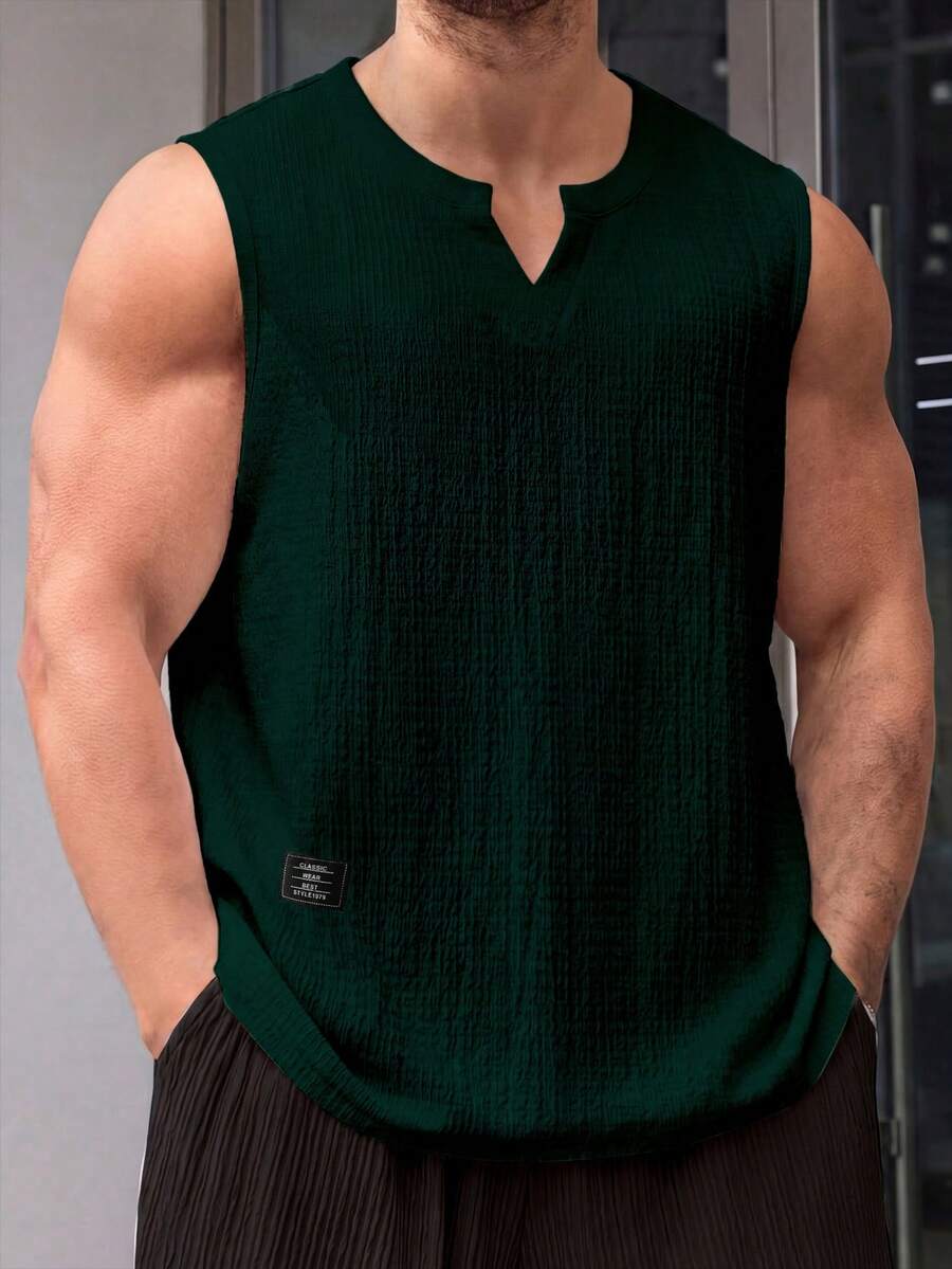 Manfinity Homme 男士缺口領拼接休閒背心,夏季日常穿著,度假 - 墨綠色 - 查看 1