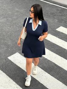 Muchica Women's Plus Size V-Neck Blue Colorblock Waist-Defining Dress - Blue - View 4
