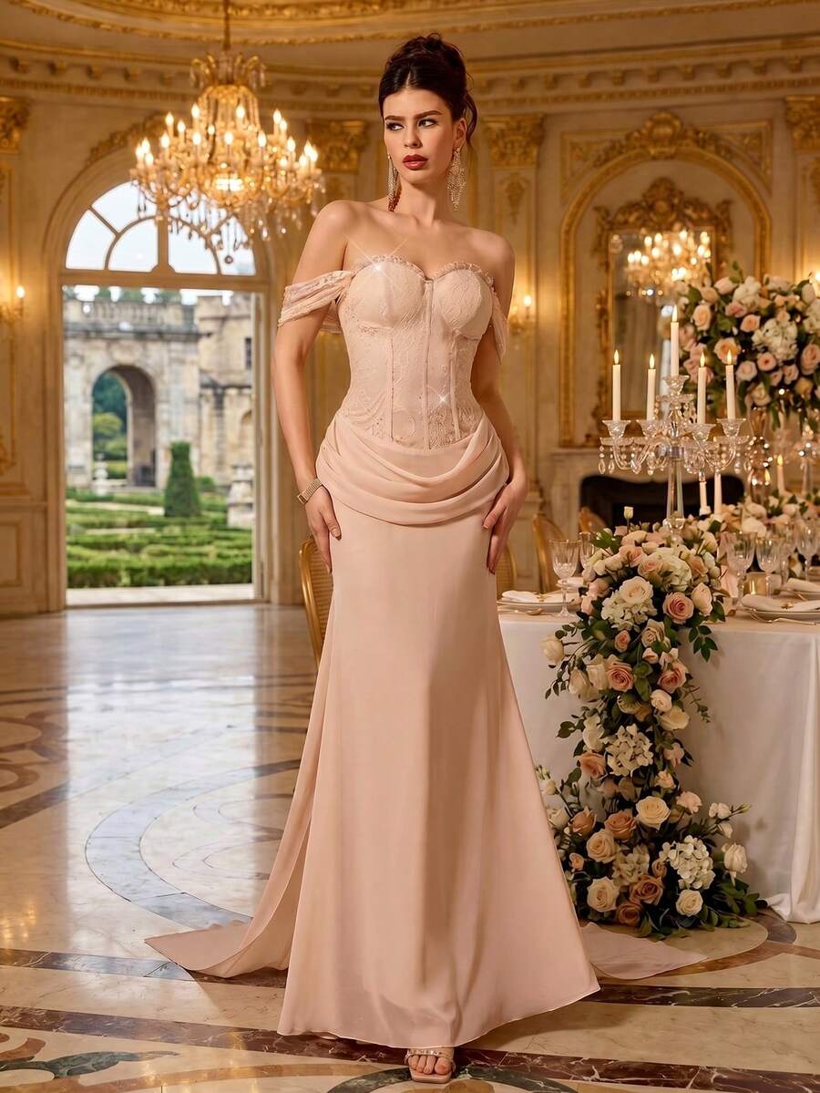 Coutiva Đầm dạ hội cao cấp trễ vai dành cho nữ, đầm thanh lịch đính sequin lấp lánh.