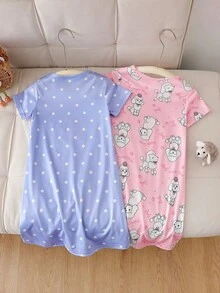 Setelan Baju Tidur Panjang dan Baju Santai Anak Perempuan Balita Sederhana Modis Warna Pink dan Abu-abu dengan Motif Domba Kartun Lucu, 2 Potong, Lengan Pendek dan Panjang - MultiWarna - View 2