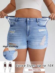 SHEIN CURVE+ 大尺碼女款口袋破洞緊身休閒牛仔短褲 - 淺色水洗藍 - 查看 2