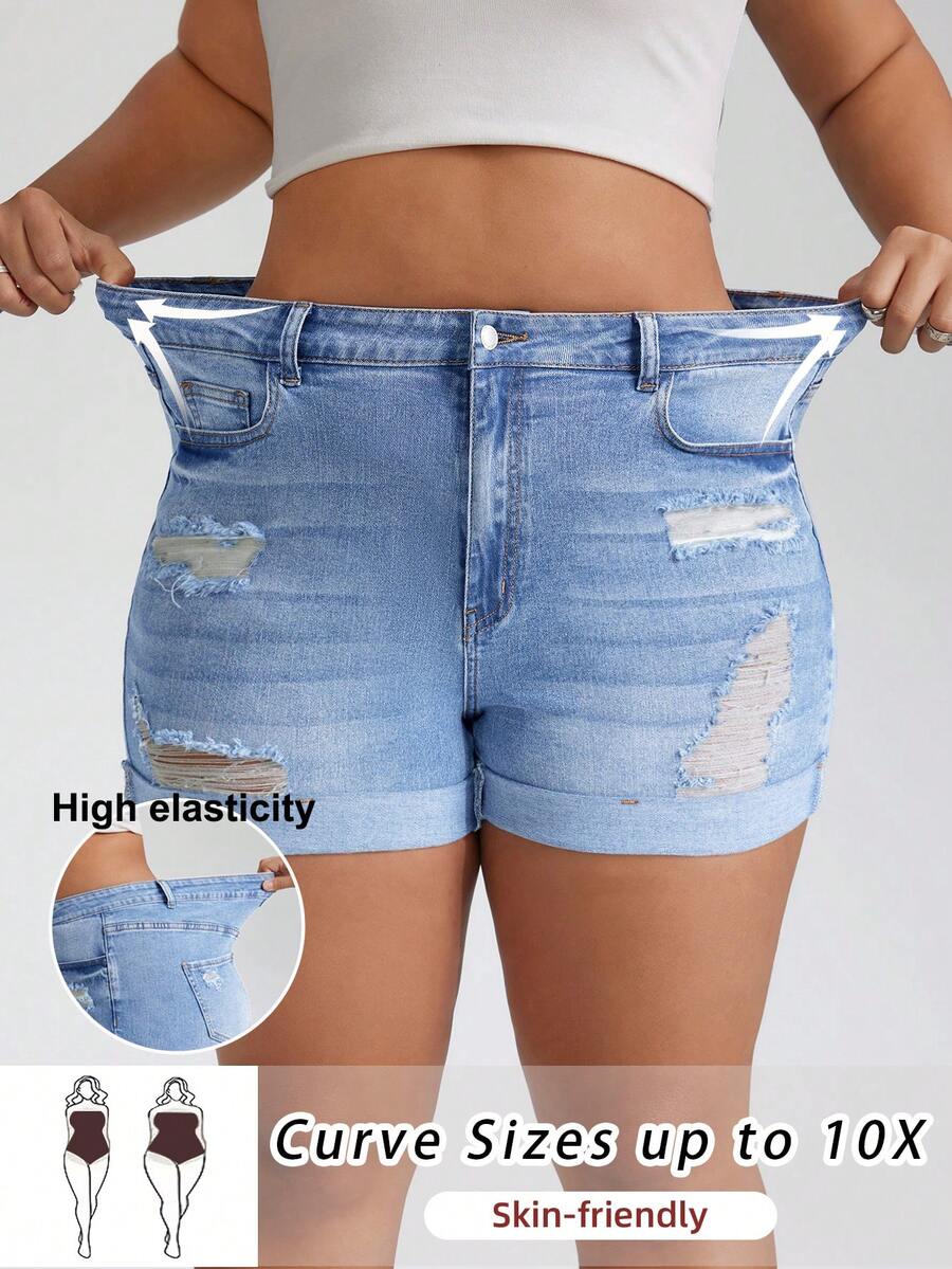 SHEIN CURVE+ 大尺碼女款口袋破洞緊身休閒牛仔短褲