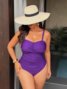 Swim Chiccia 2026 New Arrival Purple Solid One-Piece Swimsuit,Removable Pads,Adjustable Straps, Criss-Cross Front,Ruched Summer Tropical Beach Holiday - Purple - View 5