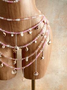 Mistrie Women's Summer Beach Beaded Shell Crystal Halter Bikini Top And Skirt Decoration Set - Pink - View 4