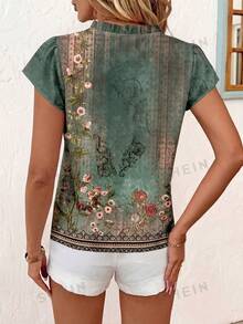 SHEIN Clasi Women's Green Floral,Summer,Boho,Holiday,Tea Party,Holiday V-Neck Flutter Sleeve Loose Fit Shirt,Retro Distressed Dark Green Print Pattern Formal Blouse - Multicolor - View 2
