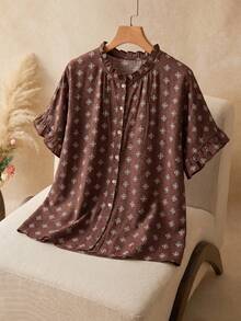 Elaquor Plus Size Women Floral Print Short Sleeve Casual Loose Blouse Brown Blouse For Women Casual Vacation Blouse For Women - Coffee Brown - View 5