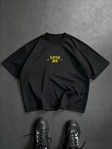 PAVTROS Men's Young Letter Print Crew Neck Short Sleeve T-Shirt - Black - View 2