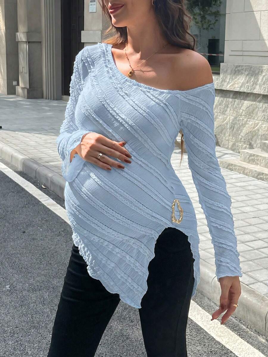 SHEIN 孕婦不對稱長喇叭袖不對稱下擺裝飾鈕扣修身提花針織T恤 - 淺藍色 - 查看 1