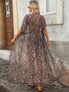 Brillora Women's Leopard Print Drawstring Waist Kimono Cover Up - Brown - View 2