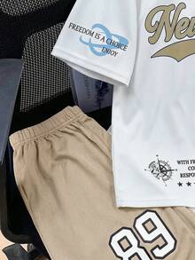 SHEIN 2件組青少年男孩運動休閒套裝，白色夏季圖案T恤與短褲套裝，返校街頭風，柔軟舒適校園戶外穿著 - 杏色 - 查看 4