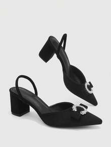 CUCCOO BIZCHIC Black Suede Pointed Back Empty Mullers, Rhinestone Buckle Thick Heel With Sandals - Black 6 - View 10