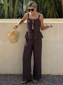 Livesso Spring/Summer Dark Brown Casual French 2-Piece Set For Women, V-Neck Ruffle Tie Strap Top And Long Pants, Suitable For Vacation, Commute And Office - Brown - View 4