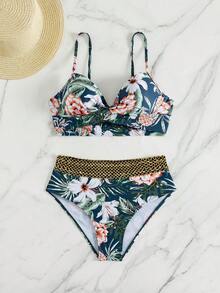 Swim Lushoire Women's Summer Beach Floral Print Halter Neck Tie Sexy Bikini And Triangle Bottoms Two-Piece Swimsuit Set - Multicolor - View 7