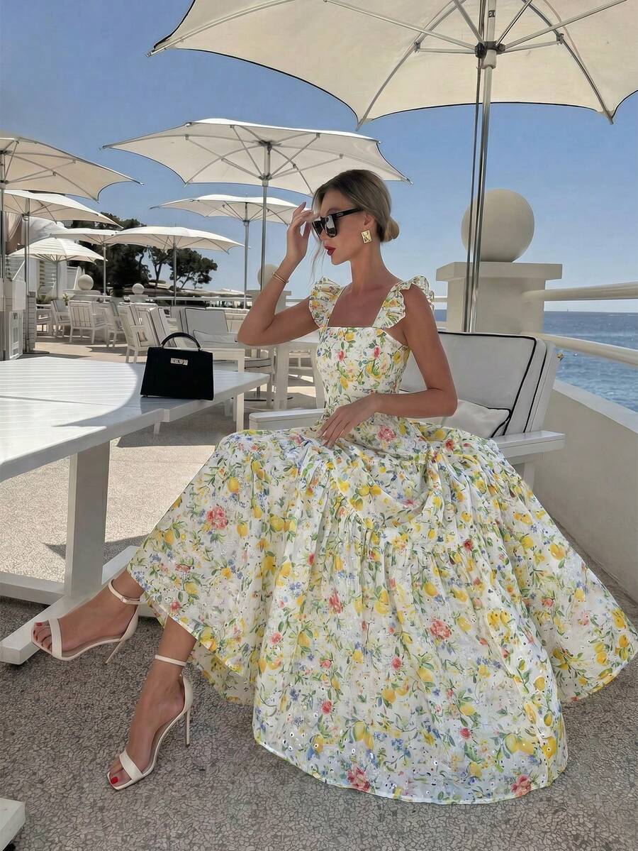 SHEIN Elenzya 女款春夏檸檬印花方領短袖優雅洋裝,適合通勤、外出、野餐、情人節約會、水療度假村、海灘派對、旅行與休閒 - 彩色 - 查看 1