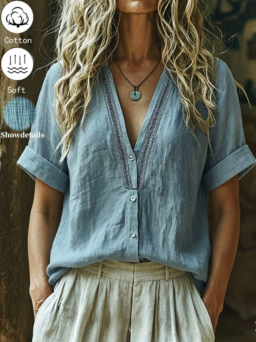 Zayélia 度假簡約休閒風純棉V領拼接織帶短袖襯衫 正式辦公天藍色夏季款 - 藍色 - 查看 1