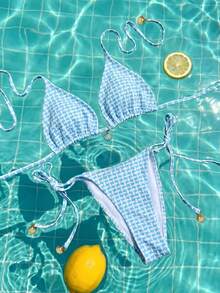 Swim Mod 春夏女款2件式海灘套裝，時尚可愛性感度假海邊泳池派對適用，紋理面料多色貝殼吊飾掛脖露背綁帶三角上衣與側綁比基尼泳褲套組 - 彩色 - 查看 4