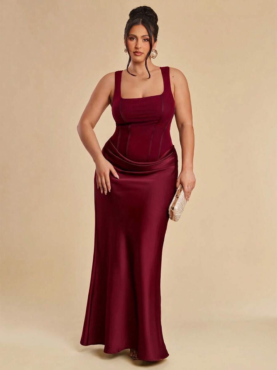 SHEIN BAE Elegant Mesh Ribbon Pleated Dress, Plus Size - Burgundy - View 1