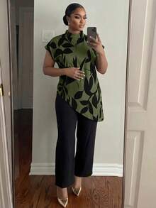 SHEIN Lady 女款植物圖案不對稱下擺襯衫與長褲兩件套 - 軍綠色 - 查看 5