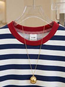 SHEIN 女嬰條紋圓領短袖套頭T恤經典圖案女童上衣適合四季春夏 6M-3T - 彩色 - 查看 6