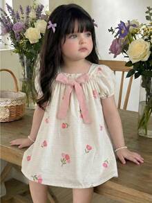 SHEIN LMoss Kids 女嬰編織花卉休閒方領泡泡袖洋裝，時尚款 - 彩色 - 查看 6
