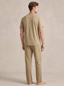 SHEIN Men's Simple Comfortable Solid Color Crew Neck Short Sleeve Top And Casual Long Pants Pajama Set - Khaki - View 2