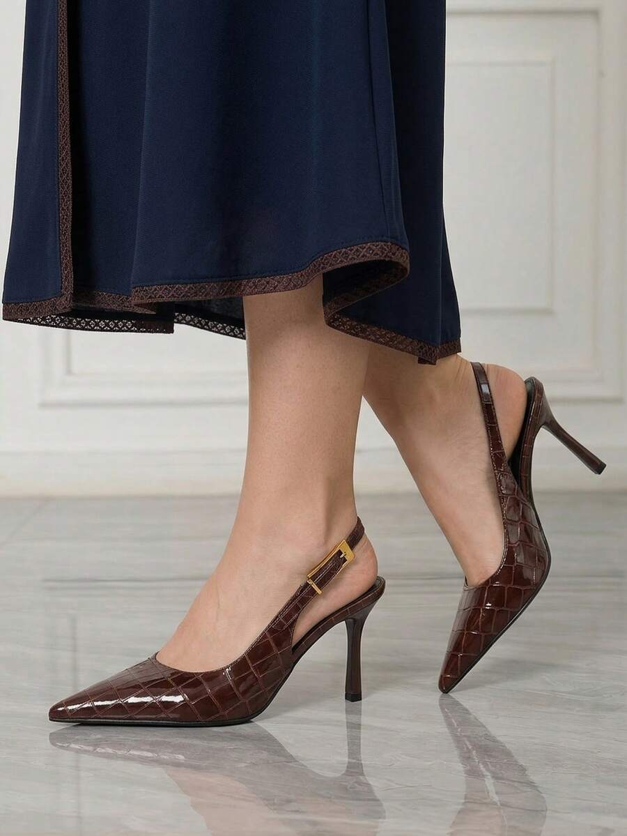 Sleekvia Women's New Thin High-Heel Pointed-Toe Pumps, Mirror PU Material, Metal Rhinestone Buckle, Simple And Elegant Commuter Wear, Back Strap Pointed-Toe Heels - bright brown - View 1