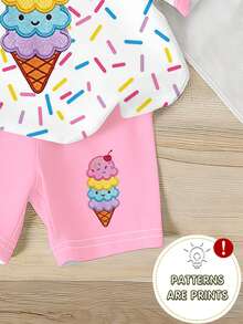 1 Set Girls Cute Rainbow Ice Cream Print Short Sleeve T-Shirt And Shorts Summer Outfit, Casual Suit For Outdoor Play - Multicolor - View 6