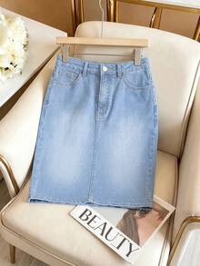 GlowEve Chân váy bút chì denim tối giản phối màu tương phản dành cho nữ - Rửa nhẹ - Xem 1