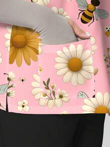 PopScrub Daisy Floral & Bee Pattern Light Pink Plus Size Women's Scrub Top, Fashionable V-Neck Short Sleeve With Pockets & Ear Loop Design, Spring/Summer Nurse Uniform Top - Multicolor - View 3