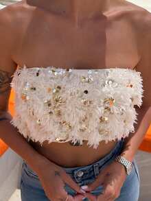 Mélanie ORL Áo bandeau đính sequin và lông vũ cho nữ, Thu/Đông - Màu be - Xem 4