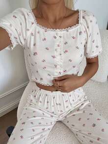 DAZY 2pcs Lace Patchwork Ditsy Floral Short Sleeve Straight Leg Long Pajama Set, Sweet Summer Sleepwear For Women - White - View 7