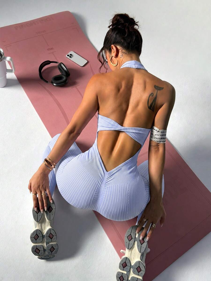 SHEIN Sovereign Charm Seamless Knit Halter Backless Jumpsuit - Mauve Purple - View 1