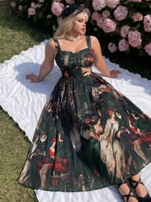Lyrianda Plus Size Dark Painting Portrait Print Dress - Multicolor - View 3