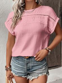 Breezaya Vacation Casual Solid Color Lace Patchwork Shirt - Baby Pink - View 5