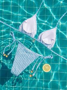 Swim Mod 春夏女款2件式海灘套裝，時尚可愛性感度假海邊泳池派對適用，紋理面料多色貝殼吊飾掛脖露背綁帶三角上衣與側綁比基尼泳褲套組 - 彩色 - 查看 2