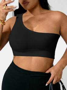 Easithlete Plus Size Women Solid Color One Shoulder Casual Versatile Daily Travel Sports T-Shirt - Black - View 4