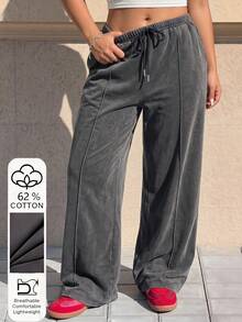 Muchica Plus Size Women Drawstring Waist Wide Leg Loose Casual Sweatpants - Dark Grey - View 1
