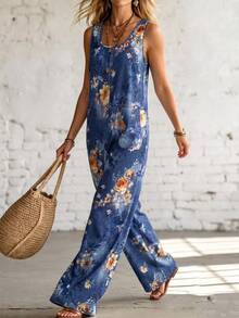 Linhara CURVE Plus Size Navy Blue Floral Print Jumpsuit, Sleeveless Single-Breasted Wide Leg Bib Pants, Flattering Casual Boho Pants For Curvy Women Vacation Summer - Blue - View 1