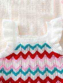 SHEIN 2pcs Young Girl Knitted Striped Colorblock Ruffle Collar Casual Top And Shorts Set - Red - View 7