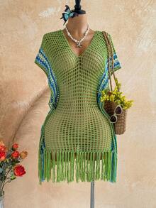 Soleia Colorblock Hollow V-Neck Fringe Loose Pullover Sweater For Women, Spring/Summer - Green - View 1