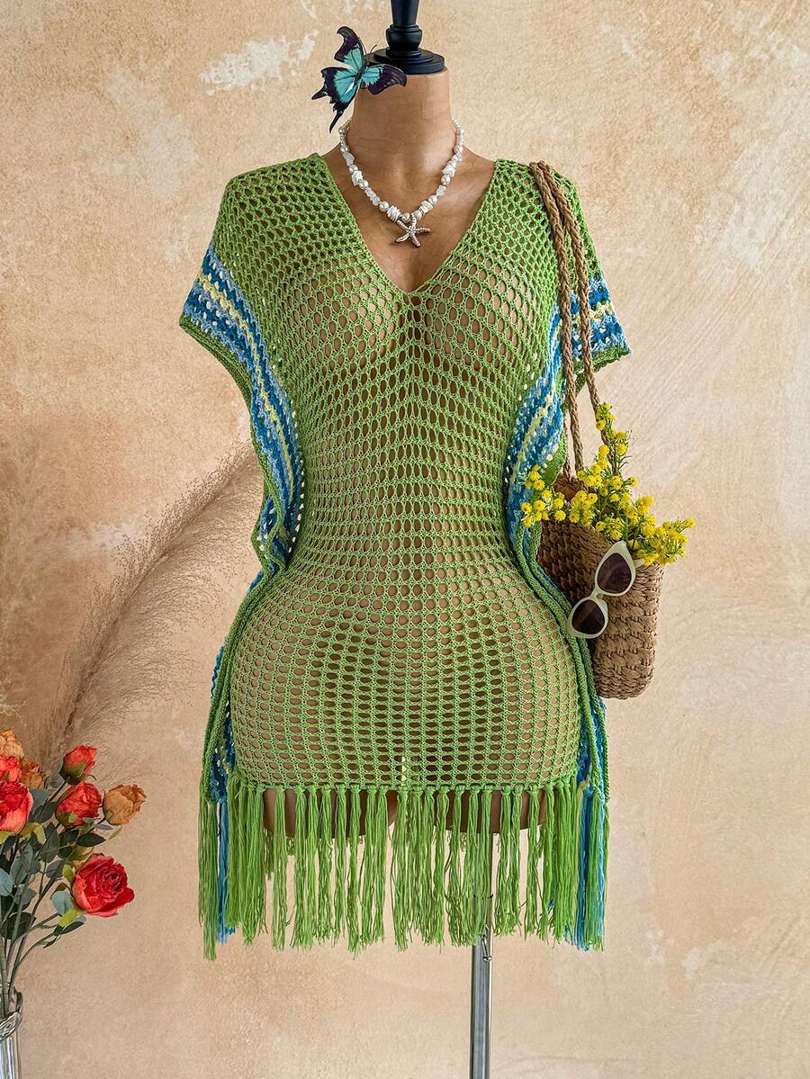 Soleia Colorblock Hollow V-Neck Fringe Loose Pullover Sweater For Women, Spring/Summer - Green - View 1