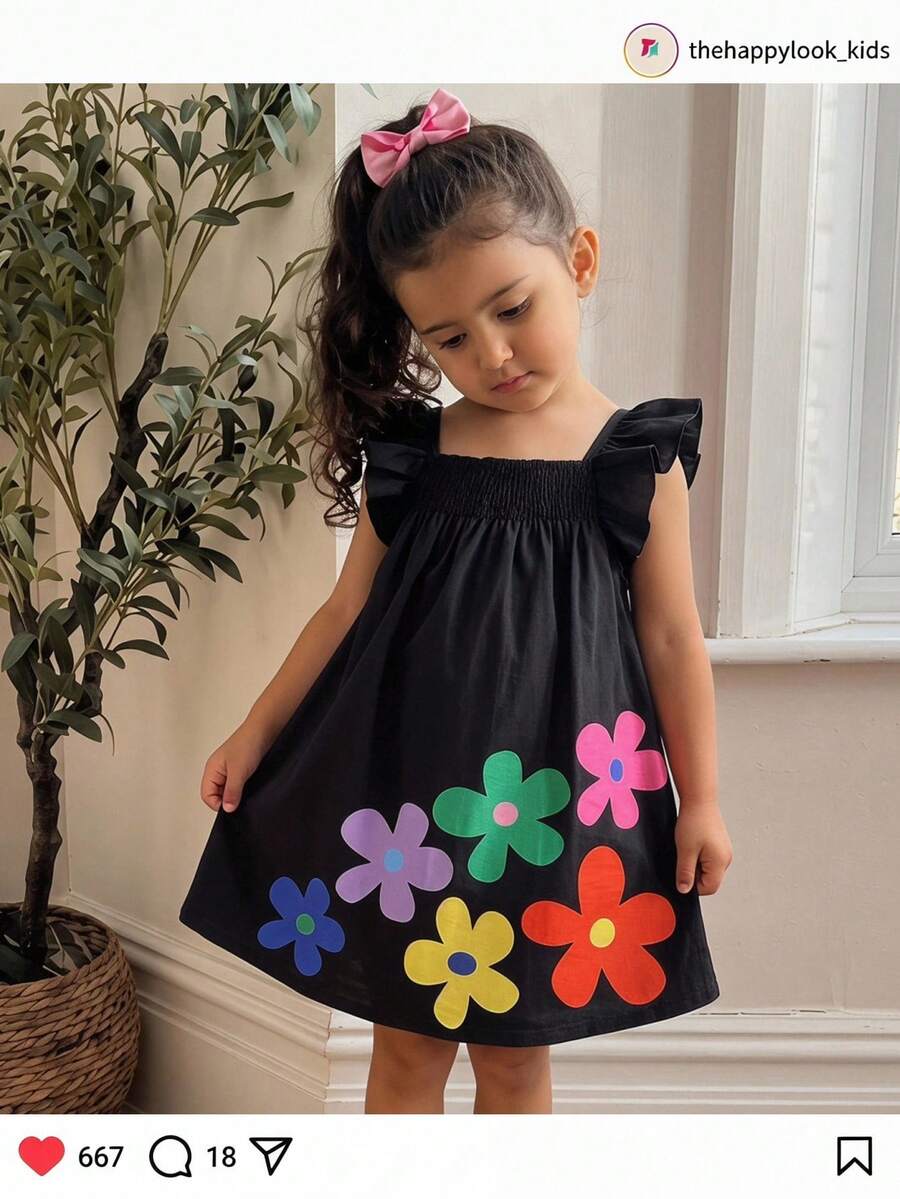 THE HAPPY LOOK Young Girl Floral Print Square Neck Ruffle Hem Shift Dress - Black - View 1