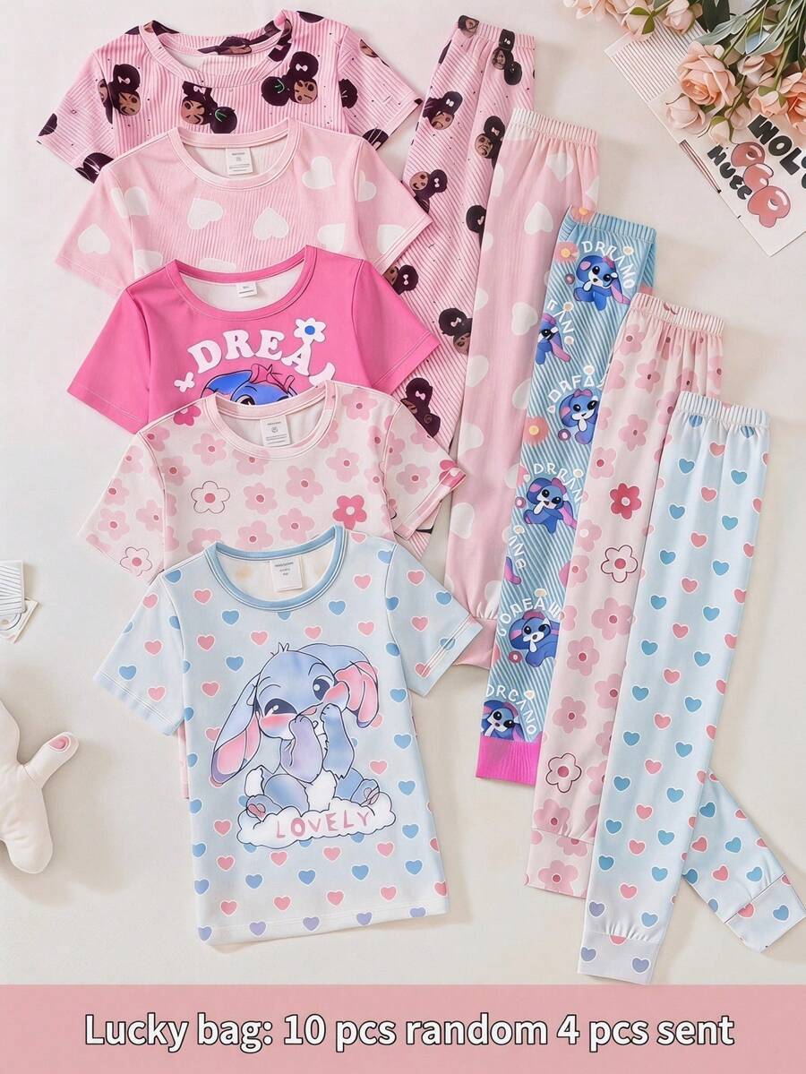 SHEIN 青少年女孩休閒簡約修身舒適圓領短袖長褲居家服套裝,4件組,甜美可愛愛心印花、花卉印花,適合春夏,青少年女孩 - 淺粉色 - 查看 1