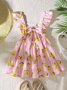 Young Girl Cute Lemon Vacation Floral Pink & White Smocked Striped Print Vacation Dress, Suitable For Summer - Multicolor - View 5