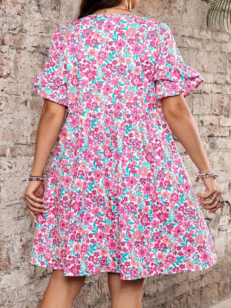 Plus Size Women Summer Casual Vacation Country Floral Print Ruffle Sleeve Short Dress,Flowy Dress,Boho Dress,Beach  Dress,Going Out Outfit