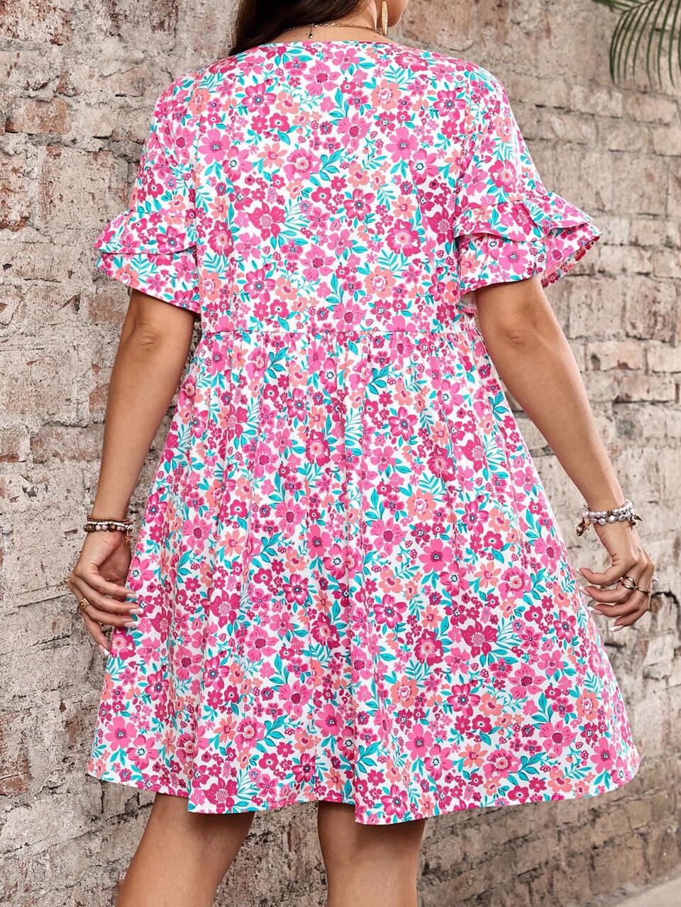 Plus Size Women Summer Casual Vacation Country Floral Print Ruffle Sleeve Short Dress,Flowy Dress,Boho Dress,Beach  Dress,Going Out Outfit