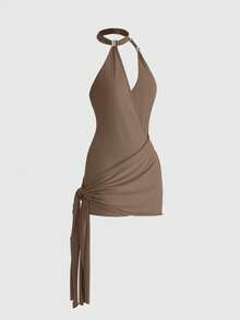 ROMWE Y2K Party Music Festival Outfit Asymmetrical Halter Deep V Waist Tie Mini Bodycon Dress - Coffee - View 11