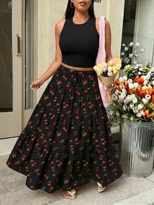 SHEIN EZwear Setelan 2 Potong Atasan Tanpa Lengan dan Rok Motif Ceri, Ukuran Besar - MultiWarna - View 4