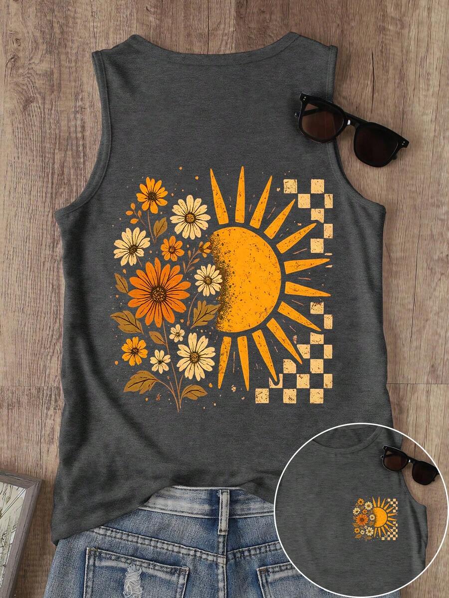 EMERY ROSE Tank Top Kasual Bermotif Leher Bulat Ukuran Besar, Musim Panas - Dark Grey - View 1