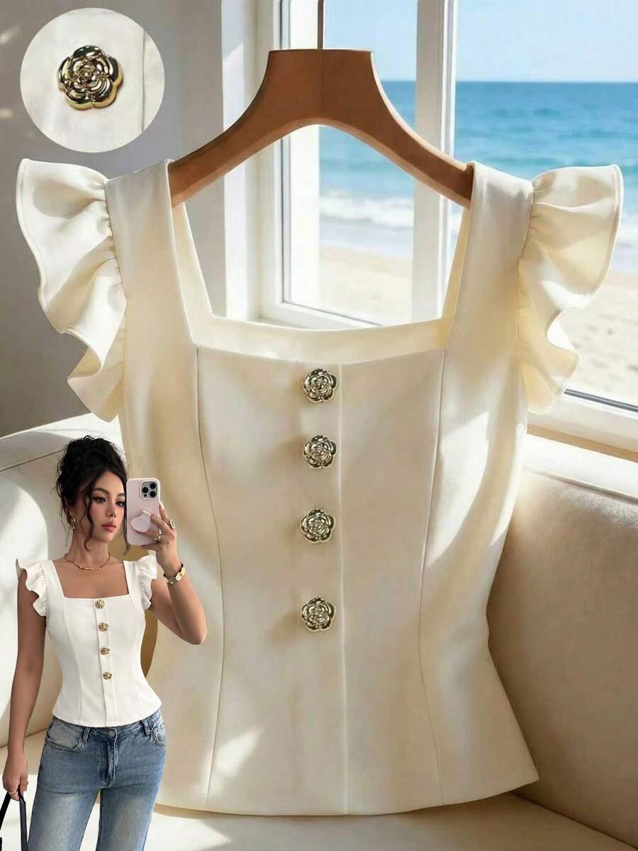 Elenzga Damen Sommer T-Shirt mit Knopfdesign und quadratischem Ausschnitt mit Flügelärmel - Aprikosenfarben - Übersicht 1